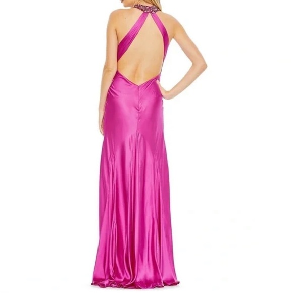 NWT Mac Duggal Embellished Satin Halter Sheath Maxi Gown in Pink - Picture 4 of 9